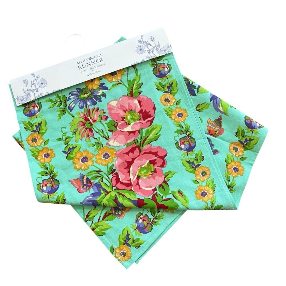 April Cornell Pennys Patio Table Runner Teal Pink Cotton 16x90 Butterfly Cottage